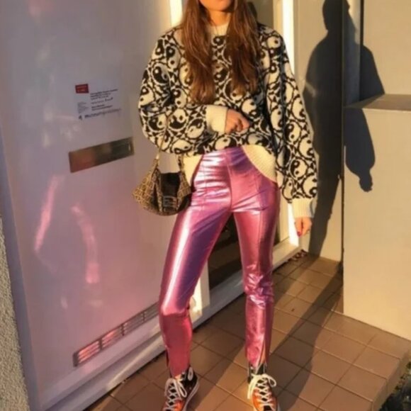 Zara Metallic Shiny Legging High Rise Pants in Pink NEW S - Picture 12 of 13